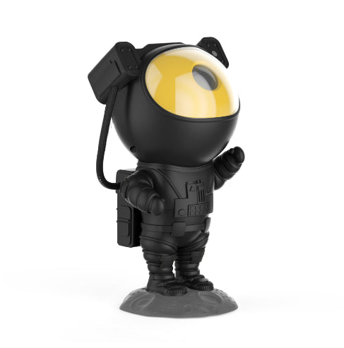 Black astronaut galaxy projector with a gold visor on its moon-shaped base