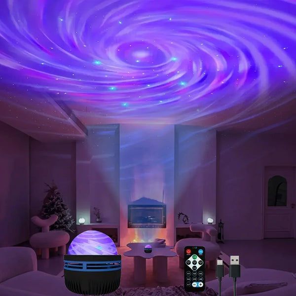 Aurora projector on a table casting a purple swirling aurora and stars across a living-room ceiling